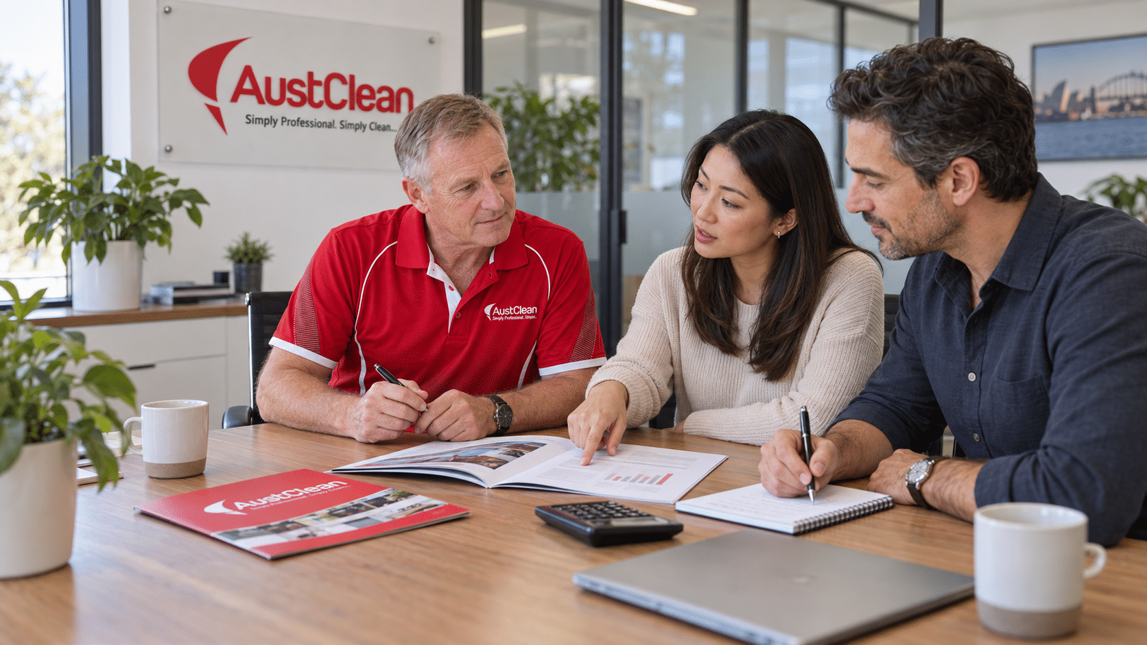 AustClean representative discussing franchise documents with prospective buyers