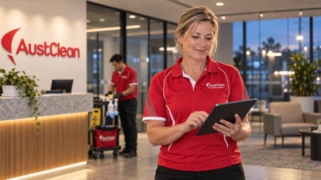 AustClean franchisee in uniform using a tablet in a modern office reception, with a cleaner at work behind