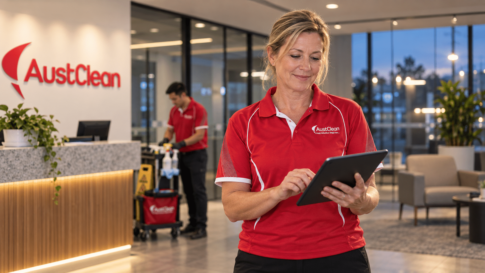 AustClean franchisee in red uniform using a tablet in an office reception while a cleaner works behind